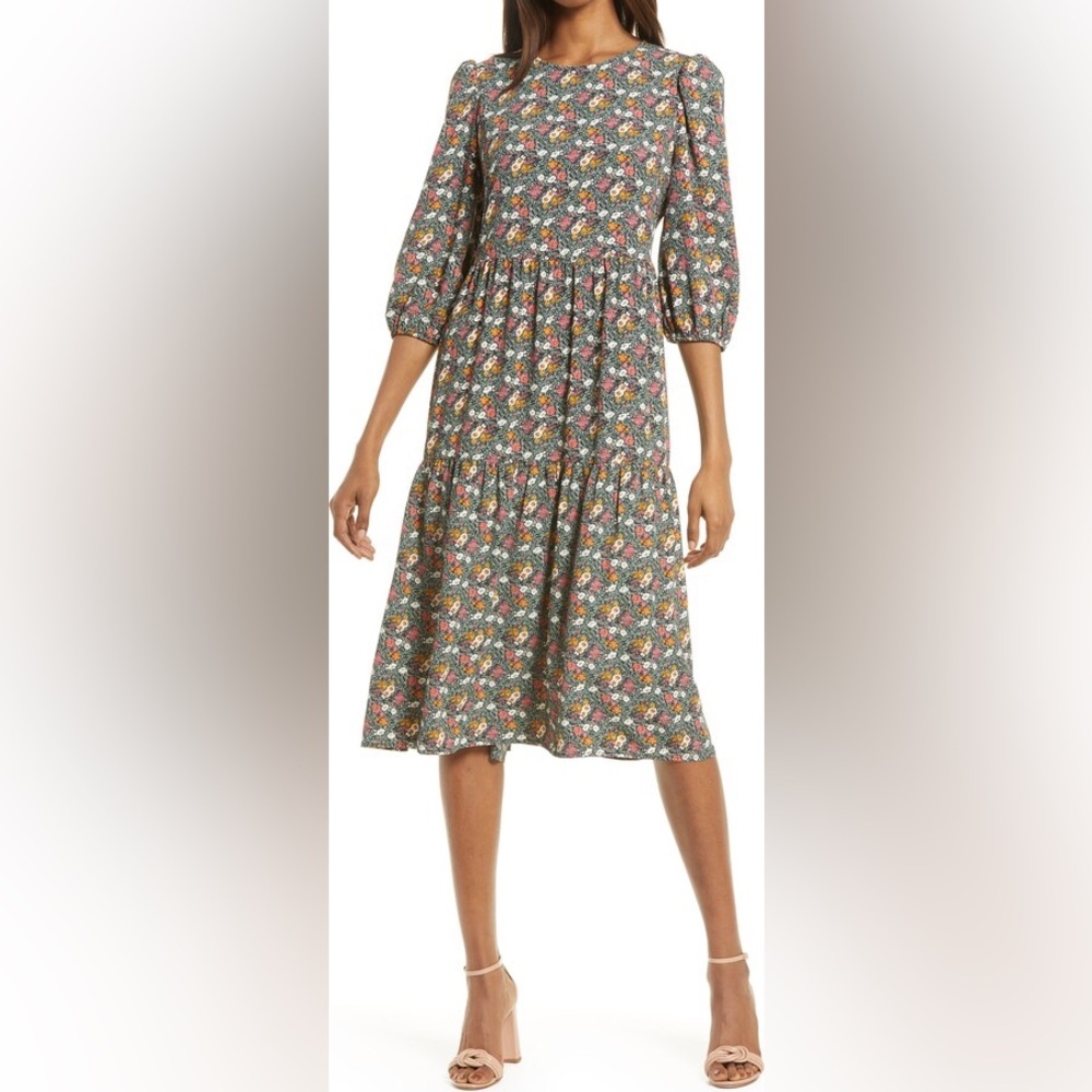 Charles Henry Women's Floral Midi Dress Puff Sleeves Size Large